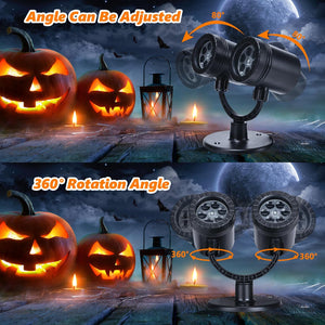 Halloween Projector Lights Outdoor, Double Head Dynamic Halloween Lights Projector with Timer, Waterproof Ghost Skeleton Devil Pumpkin Light for Home Window Wall Decor
