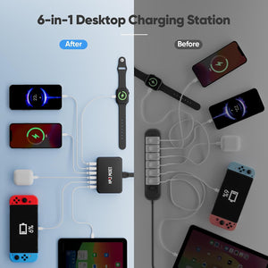 130W Charging Station for Multiple Devices, Gan 6 Port USB C Fast Charger Block for Iphone 17 16 15 14 Pro Max, Ipad, Pixel, Galaxy S25 S24 S23 Black