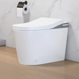 Elongated Smart Bidet Toilet with Hands-Free Auto Open Lid, Bidet Cleaning, Heated Seat, Warm Air Dryer, Touchless Sensor Flush, Night Light (Remote Included)