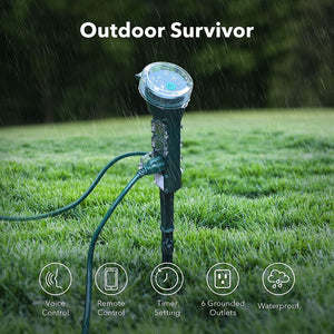 Outdoor Smart Plug Waterproof Wifi Outdoor Outlet Timer with 6 Grounded Outlets, Remote & Voice Control Heavy Duty Yard Stake Plug Compatible with Alexa and Google Assistant
