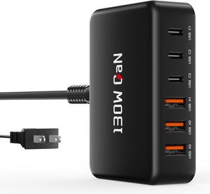 130W Charging Station for Multiple Devices, Gan 6 Port USB C Fast Charger Block for Iphone 17 16 15 14 Pro Max, Ipad, Pixel, Galaxy S25 S24 S23 Black