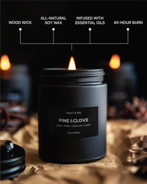 Premium Pine & Clove Candle - Enchanting Black Christmas Aroma - Long-Lasting 45 Hour Burn - 7.6 Oz Soy Candle for Cozy Holiday Aromatherapy