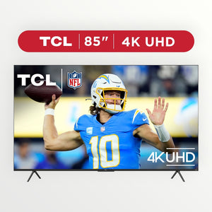 Hostecno TCL 85-inch 4K UHD Smart TV with NFL branding, featuring a quarterback in a blue uniform throwing a football.
