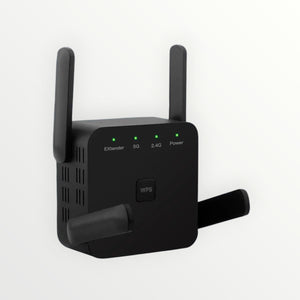 Hostecno AC1200 dual-band Wi-Fi extender with 2.4GHz and 5GHz bands, 1200Mbps speed, and WPS button.