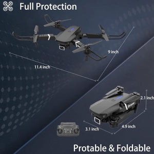 Hostecno black foldable mini drone with 1080P HD camera and remote controller, shown in both deployed and folded states with dimensions.
