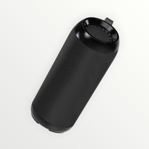 Hostecno Aquaboost 5W Boom Box portable Bluetooth speaker in black, with fabric mesh body and glossy black top.