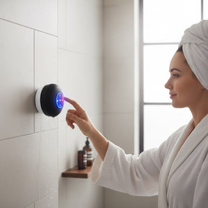 Hostecno black mini waterproof Bluetooth shower speaker with suction cup and illuminated controls.