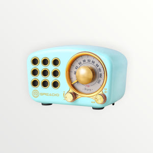 Hostecno retro vintage blue Bluetooth speaker with FM radio, TF card support, and strong bass. Features a classic 1950s radio design with gold accents and a tuning dial.