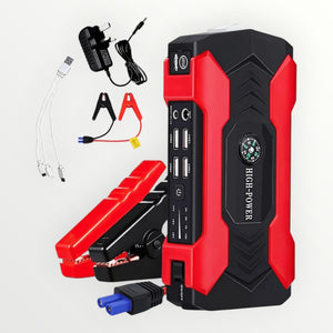 Hostecno red and black 28000mAh car jump starter with multiple USB ports, LED light, and compass. Includes jumper cables and charging adapters.