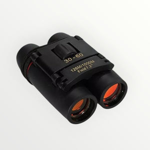 Hostecno black compact folding binoculars with 30x60 magnification and orange-tinted lenses, ideal for travel and hunting.