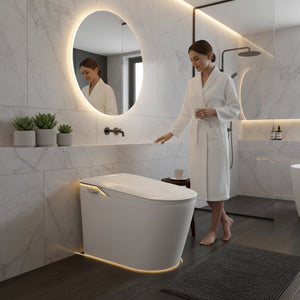 Hostecno elongated smart bidet toilet in white ceramic with auto open lid, digital display, and ambient lighting.