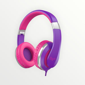 Hostecno purple and pink foldable on-ear kids headphones with adjustable headband and soft ear cushions.
