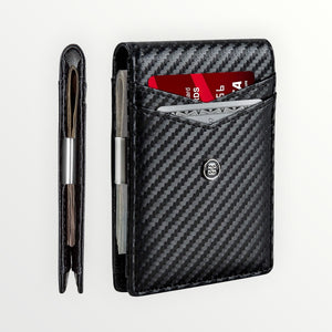 Hostecno black carbon fiber minimalist bifold wallet with money clip and ID window, RFID blocking.