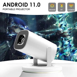Hostecno P30 white portable mini projector with Android 11, 720P resolution, WiFi6, and Bluetooth 5.0.