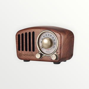 Hostecno vintage walnut wood Bluetooth speaker with FM radio and bass enhancement. Retro design with brass accents and tuning dial.