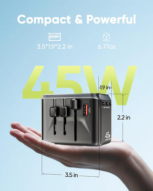 Universal Travel Adapter, 45W International Power Adapter with 4 USB-C & 1 USB-A Ports, European Travel Plug Adapter, Worldwide Travel Essentials for EU UK AUS USA