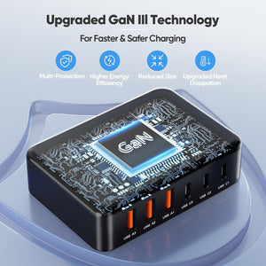 130W Charging Station for Multiple Devices, Gan 6 Port USB C Fast Charger Block for Iphone 17 16 15 14 Pro Max, Ipad, Pixel, Galaxy S25 S24 S23 Black
