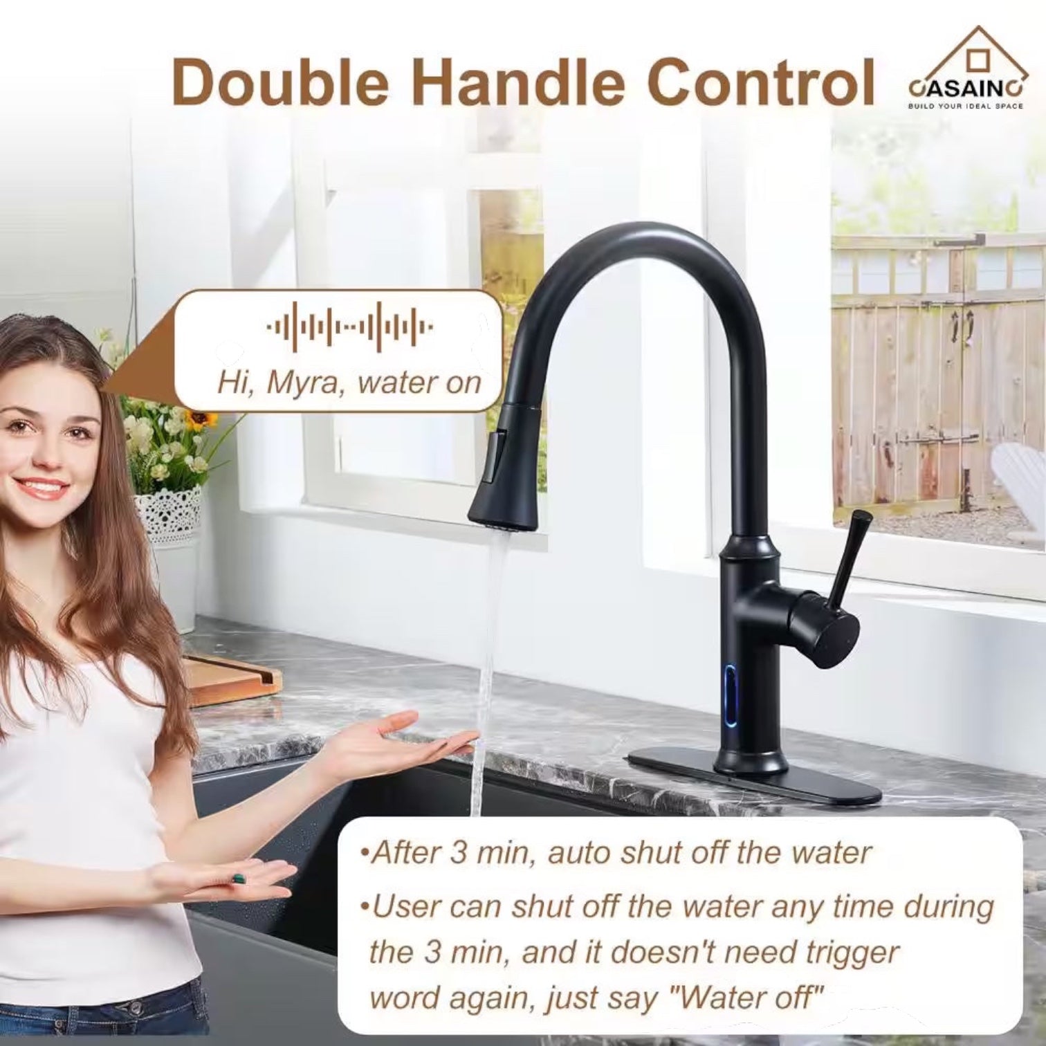 Single Handle Smart Touchless Pull-Down Sprayer Kitchen Faucet with Voice Control in Matte Black