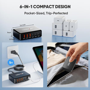 130W Charging Station for Multiple Devices, Gan 6 Port USB C Fast Charger Block for Iphone 17 16 15 14 Pro Max, Ipad, Pixel, Galaxy S25 S24 S23 Black