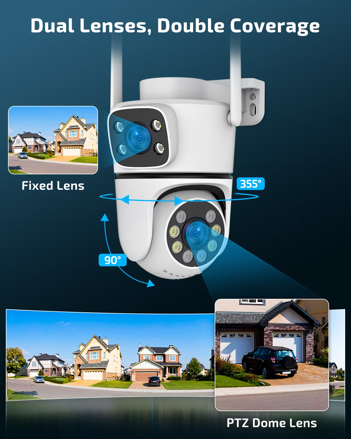 5MP Dual Lens Wireless Security Camera Outdoor, 360° PTZ Wifi Surveillance Cam with Color Night Vision