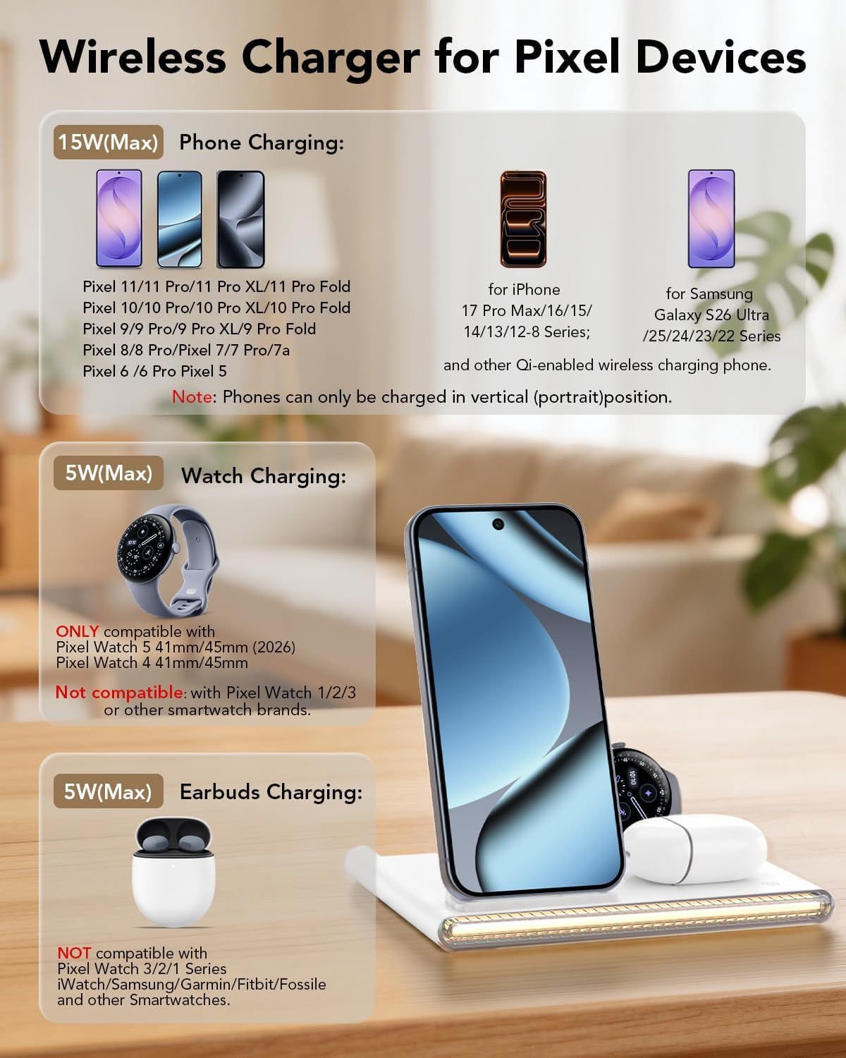 3 in 1 Wireless Foldable Charging Station for Google Pixel Watch 5 4
