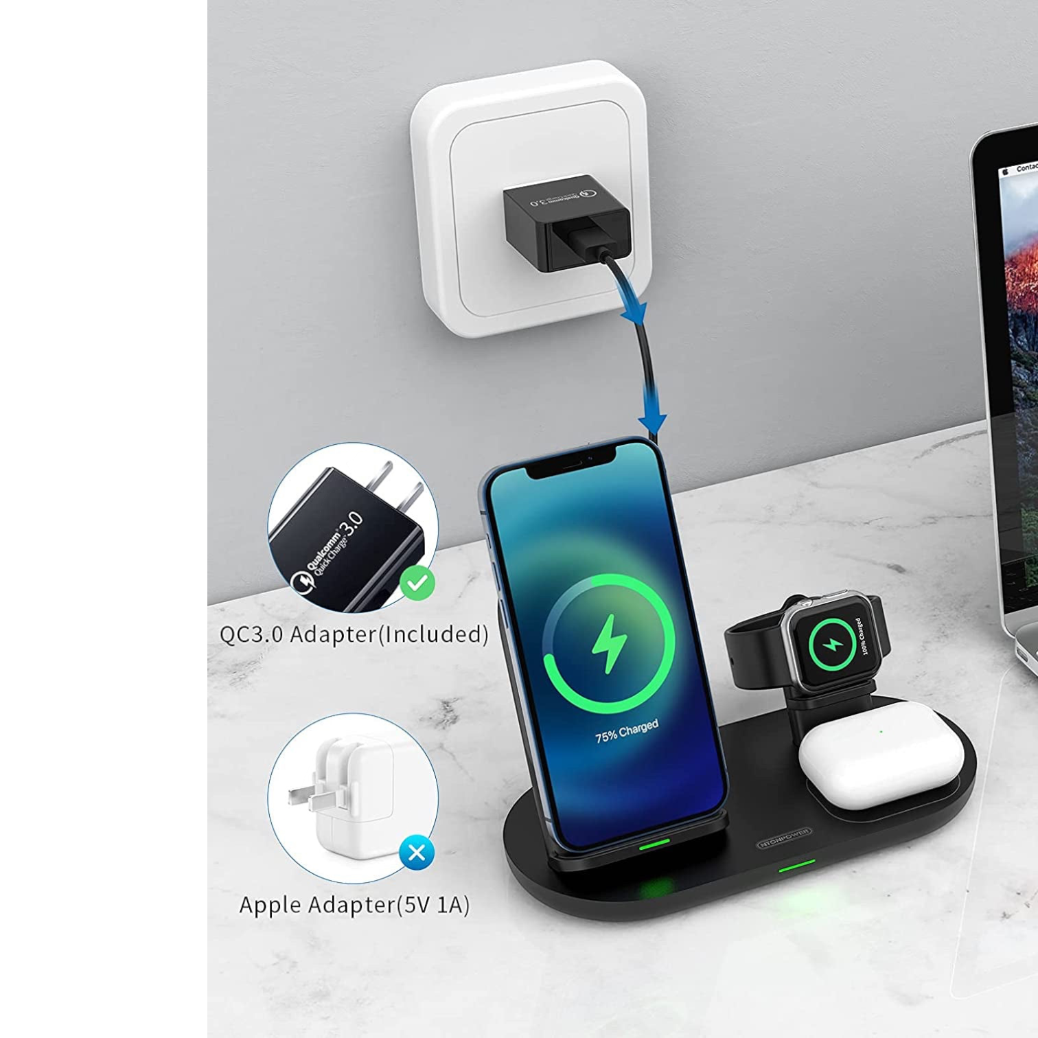 3 in 1 Wireless Charging Station for Apple Product, Wireless Charging Pad for Apple Watch, Airpods Pro/2, Wireless Charger Stand for Iphone 12/12 Pro/12 Pro Max/Se2(No Included Iwatch Cable)