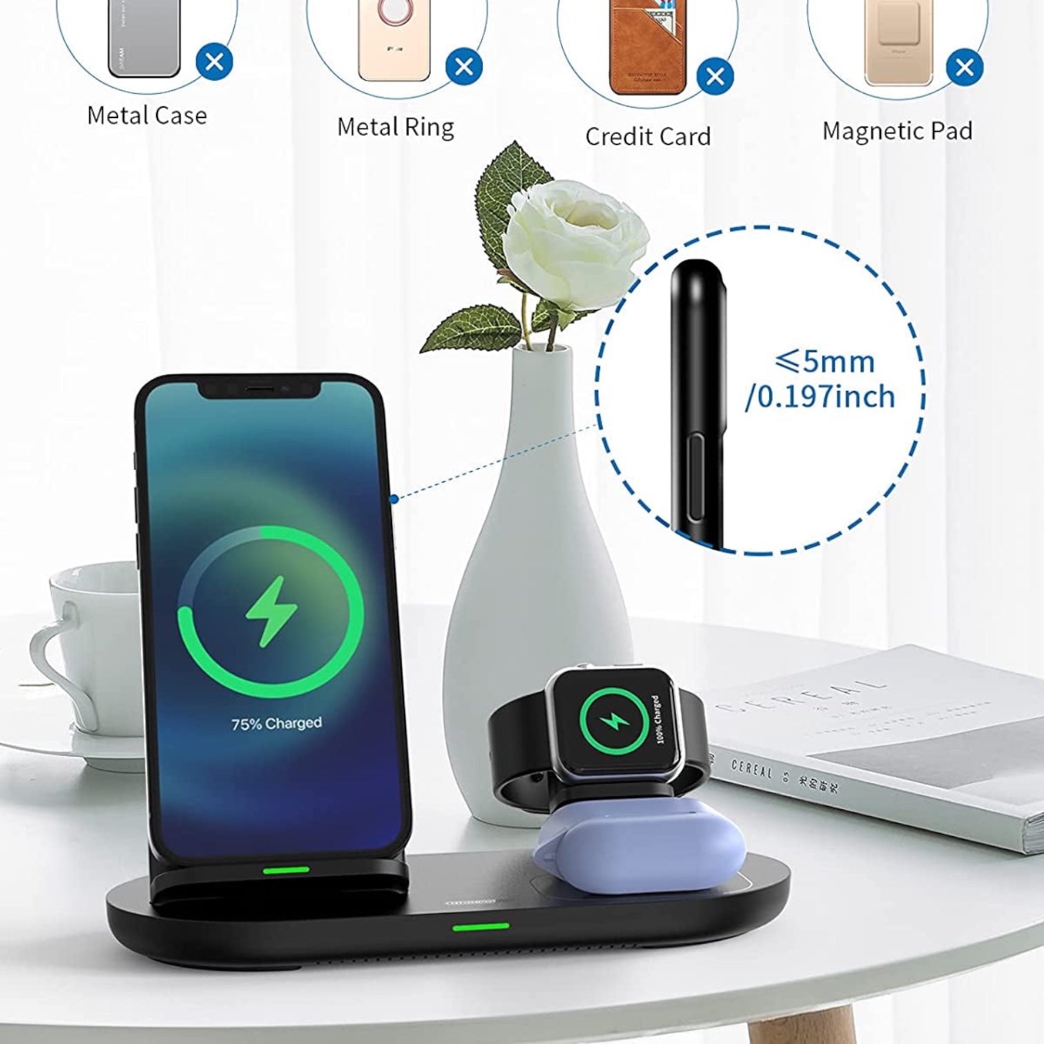 3 in 1 Wireless Charging Station for Apple Product, Wireless Charging Pad for Apple Watch, Airpods Pro/2, Wireless Charger Stand for Iphone 12/12 Pro/12 Pro Max/Se2(No Included Iwatch Cable)