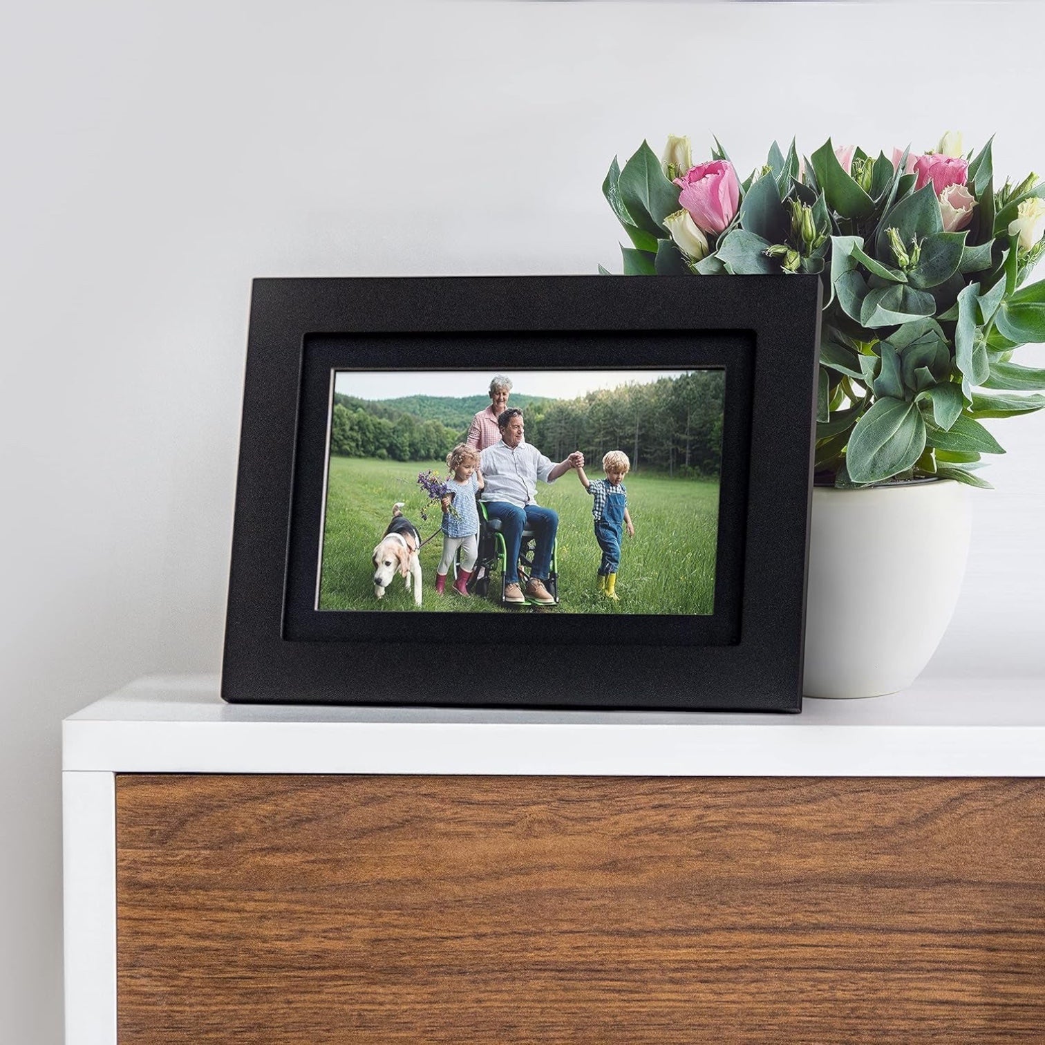 Photoshare 10” Wifi Digital Picture Frame, Send Pics from Phone to Frames, 8 GB, Holds 5,000+ Photos, HD Touchscreen, Black Wood Frame, Easy Setup, No Fees