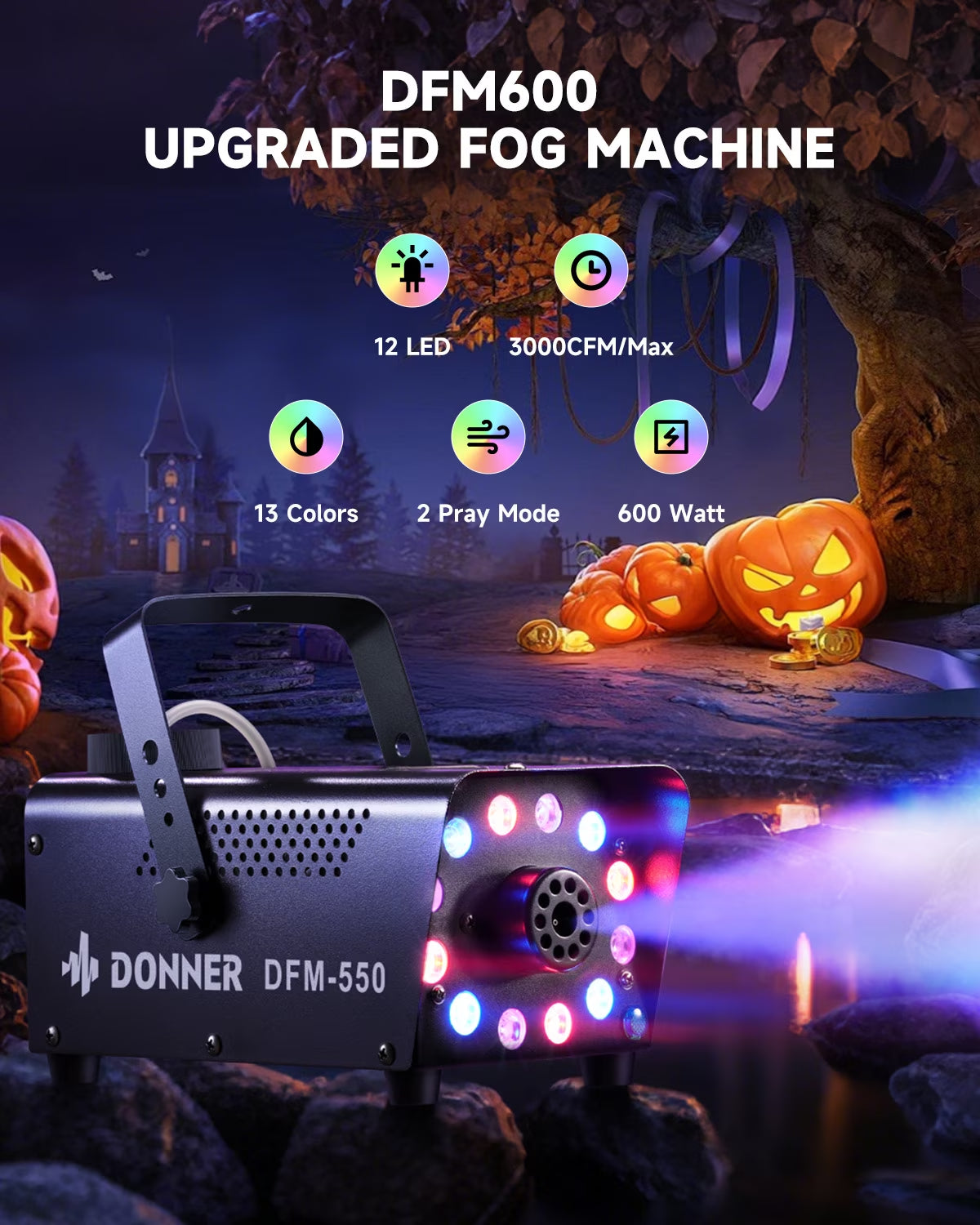 Halloween Fog Machines 600W, 3000 CFM, 13 Colors, 12 RGB LED Lights, Smoke Machine for Party Wedding