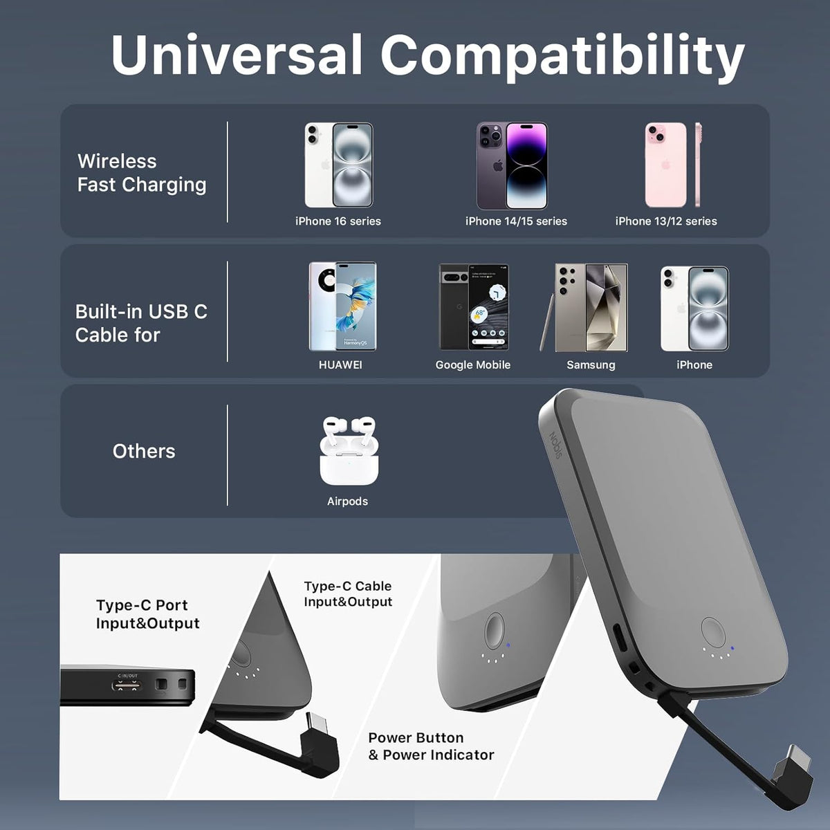 Slim Magnetic Power Bank 22.5W 5000Mah with Built-In Cable
