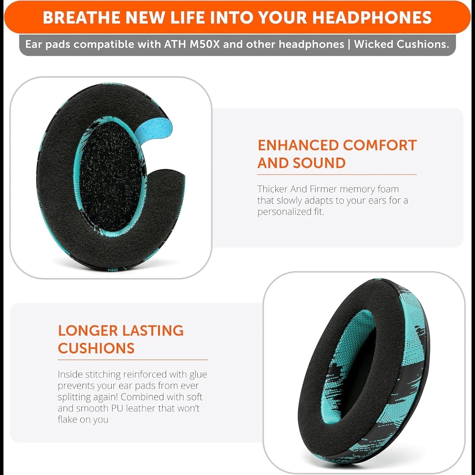 Padz Velour - the Ultimate Upgraded Earpads by Wicked Cushions - Compatible with Audio Technica, Hyperx, Steelseries Arctis - Extra Thick - Bigger Opening - Soft Memory Foam | (Speed Racer Cyan)