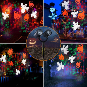 Halloween Projector Lights Outdoor, Double Head Dynamic Halloween Lights Projector with Timer, Waterproof Ghost Skeleton Devil Pumpkin Light for Home Window Wall Decor