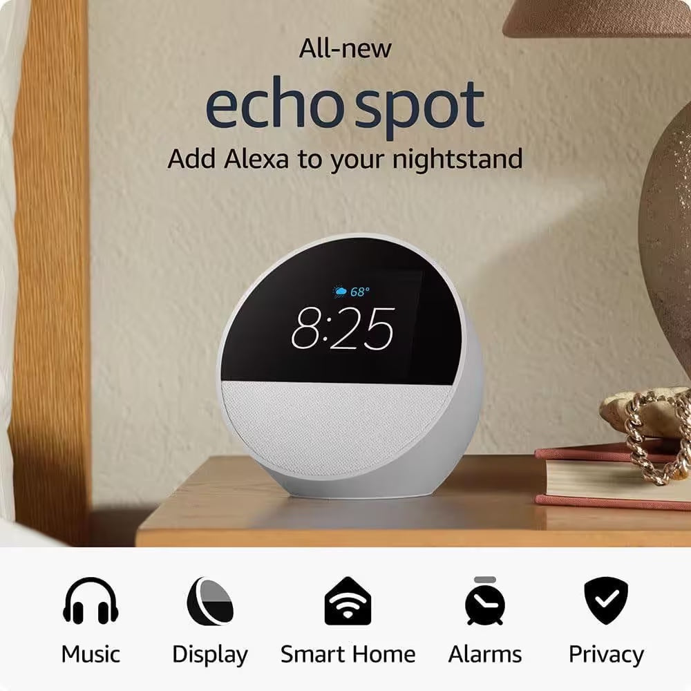 Echo Spot (2024 Release) Smart Alarm Clock with Vibrant Sound plus Alexa, Glacier White