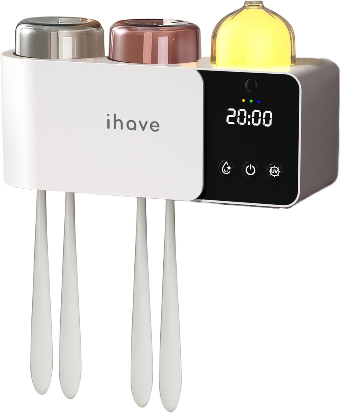 Toothbrush Holders with UV Toothbrush Sanitizer, Aromatherapy Diffuser & IR Night Light - 4-Hour Smart Cruise Disinfection, Auxiliary Combo Drying - Wall-Mounted Bathroom Organizer with 2 Cups