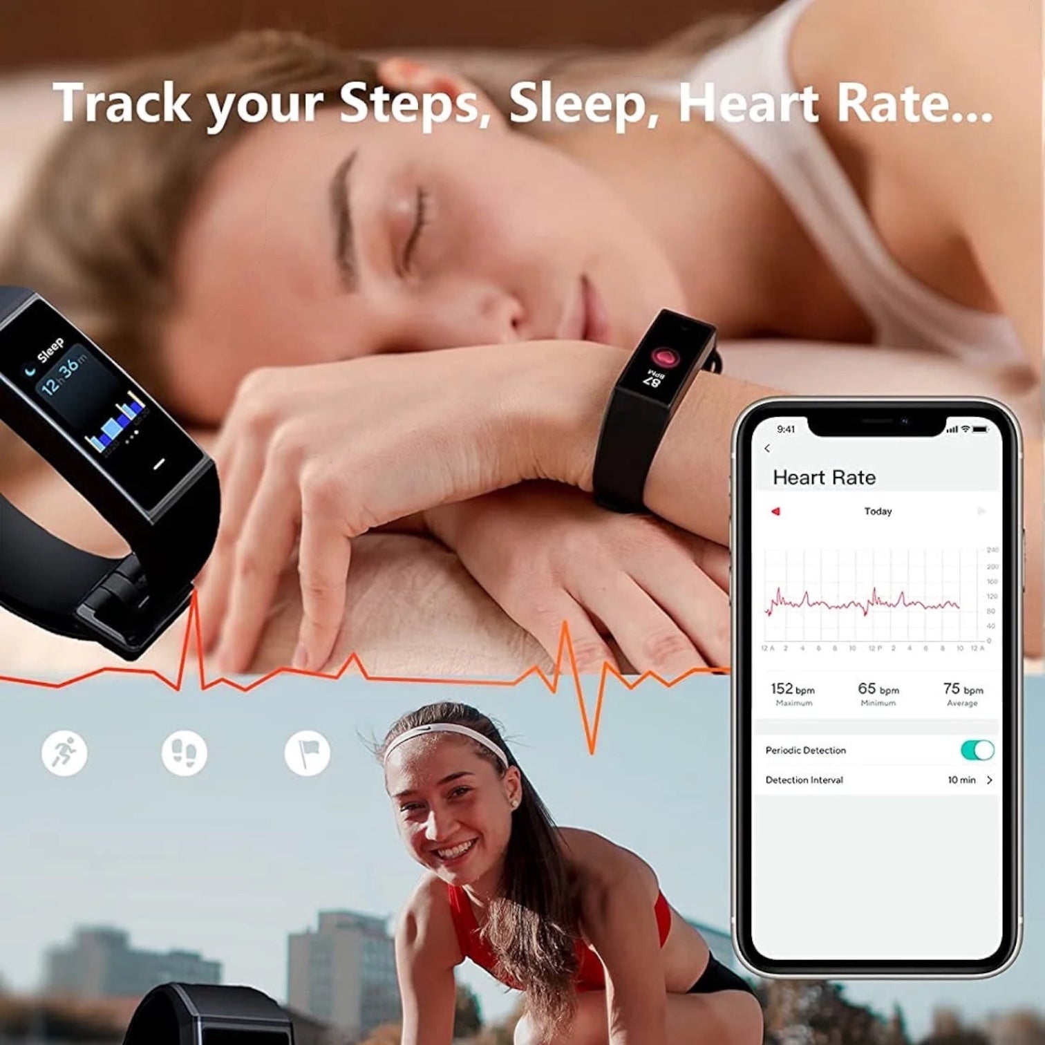 Band Health Tracker with Extra Color Band , Smart Watch Fitness Tracker, Heart Rate Monitor, Step Counter, Sleep Monitor, High Res Color Touchscreen and Water Resistant
