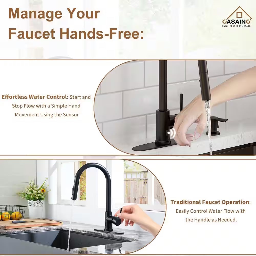Single Handle Smart Touchless Pull-Down Sprayer Kitchen Faucet with Deck Plate in Matte Black