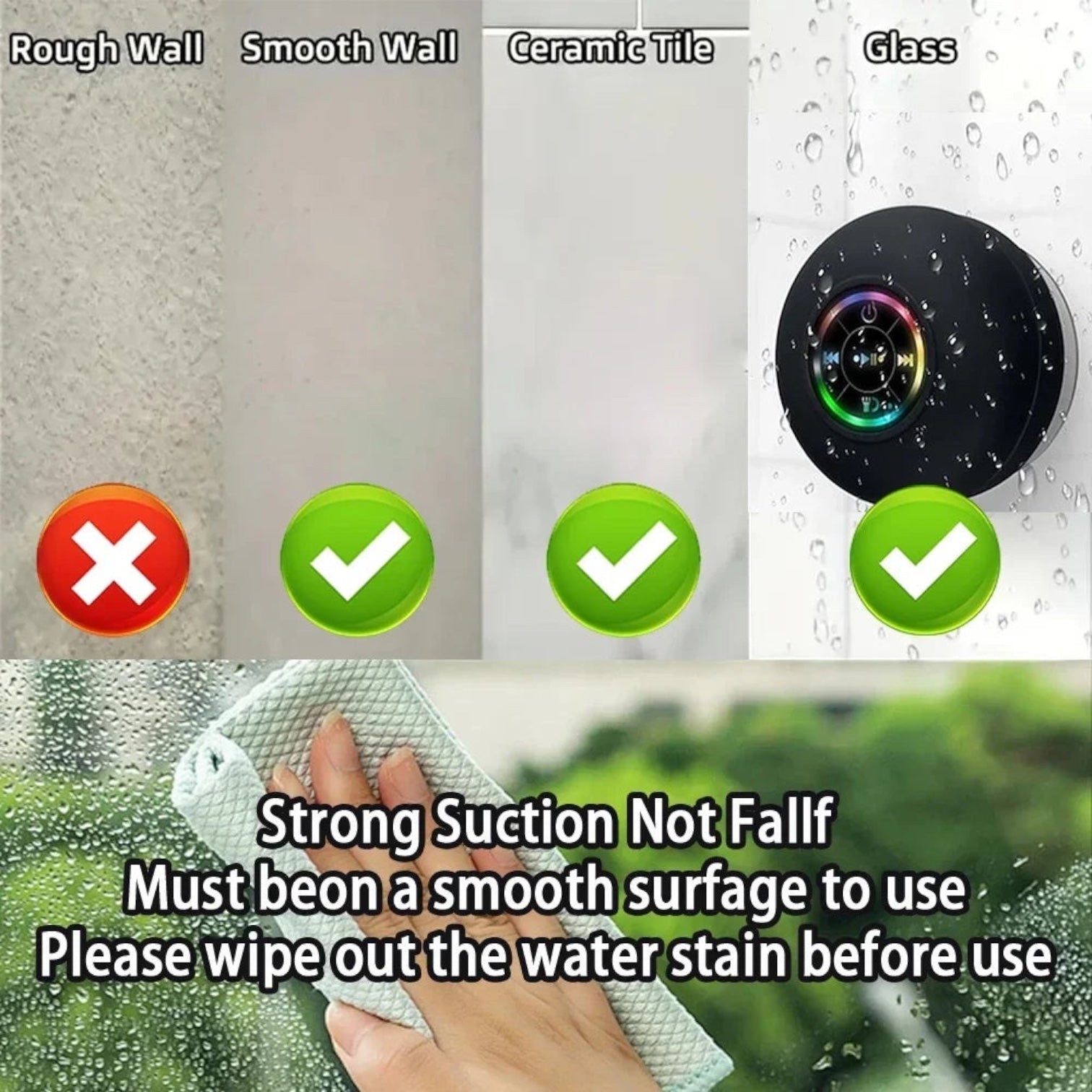 Mini Bluetooth Speaker Shower Subwoofer Waterproof Handsfree Loudspeaker with Suction Cup Mic for Bathroom Pool Beach Car Phone