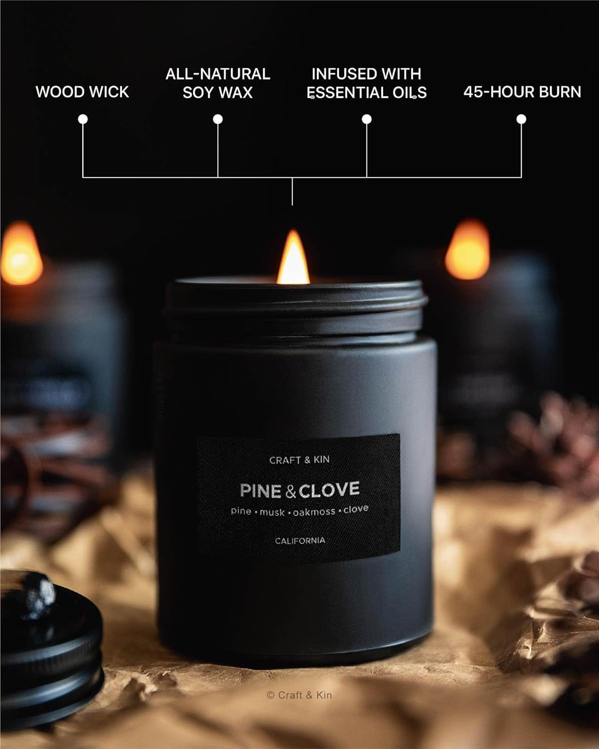 Premium Pine & Clove Candle - Enchanting Black Christmas Aroma - Long-Lasting 45 Hour Burn - 7.6 Oz Soy Candle for Cozy Holiday Aromatherapy