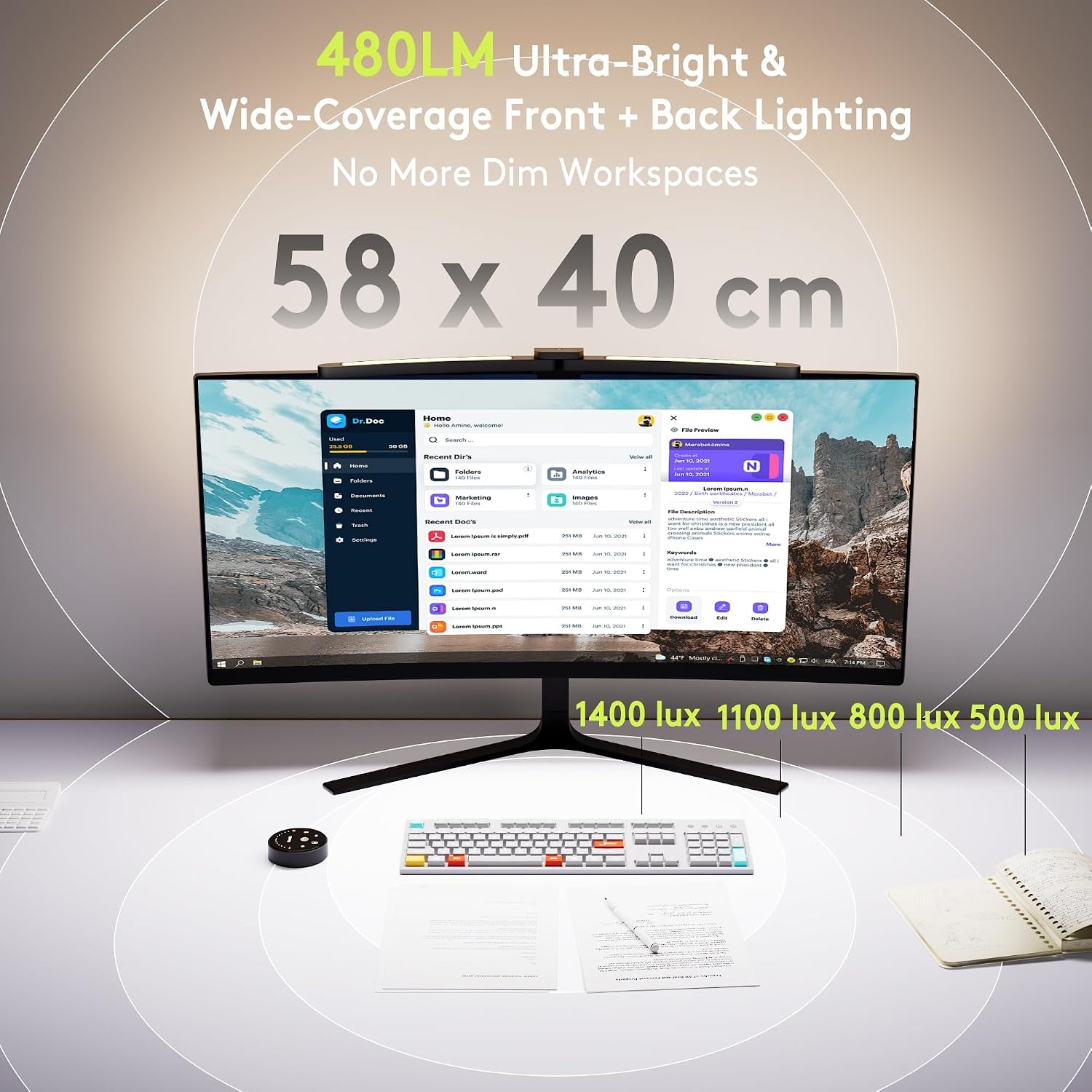 Curved Monitor Light Bar for 34"+ Ultrawide, Curve-Matching Pivoting