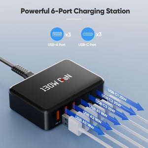 130W Charging Station for Multiple Devices, Gan 6 Port USB C Fast Charger Block for Iphone 17 16 15 14 Pro Max, Ipad, Pixel, Galaxy S25 S24 S23 Black