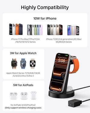 18W Wireless Charger -  3 in 1 Charging Station Compatible with Iphone 17 16E 16 15 14 13 12 11 X Pro Max - Fast Charging Dock Compatible for Apple Watch & Airpods 4 3 Pro
