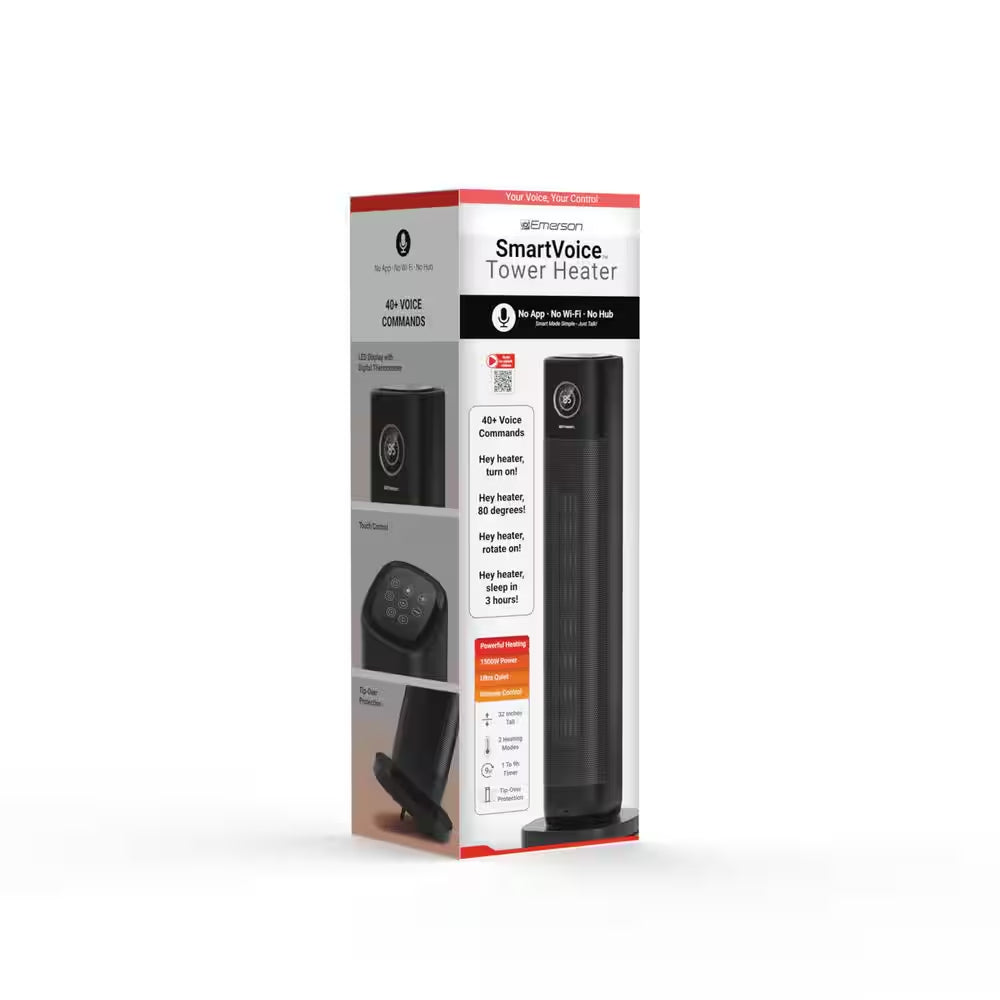 Smartvoice 1500-Watt 32 In. Black Electric Ceramic Tower Space Heater, 40 plus Voice Commands, No APP, No WIFI, 200FR