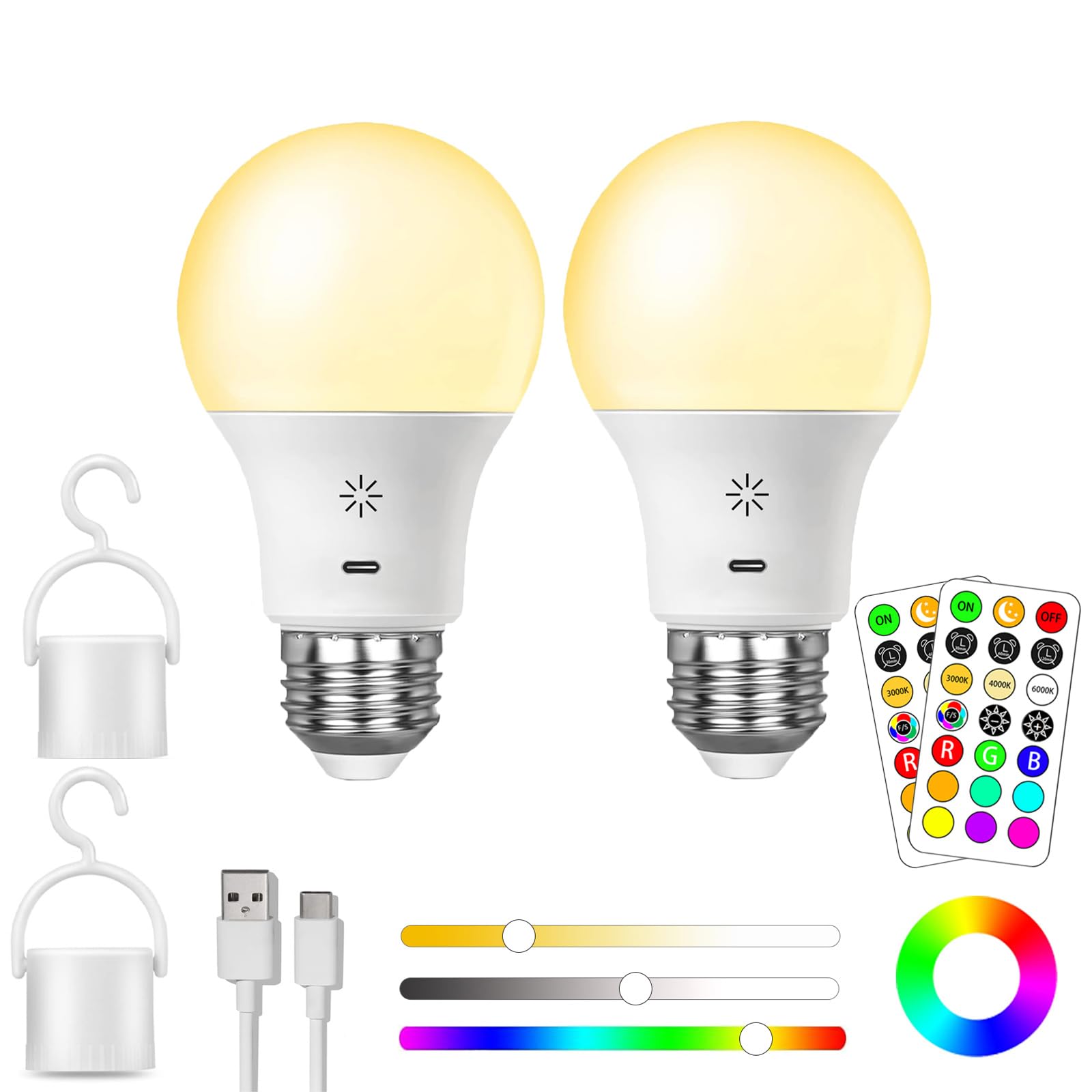 LED Rechargeable Light Bulbs With Remote ＆ Touch Dimmable, E26 Battery Operated Light Bulb for Lamps, RGB 12 Colors, 2600mAh USB battery backup Light Bulb With Timer, A19 Small Light Bulbs 2 Pack