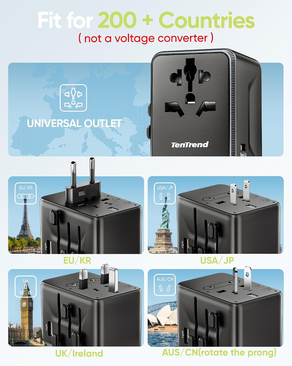 Universal Travel Adapter, 45W International Power Adapter with 4 USB-C & 1 USB-A Ports, European Travel Plug Adapter, Worldwide Travel Essentials for EU UK AUS USA