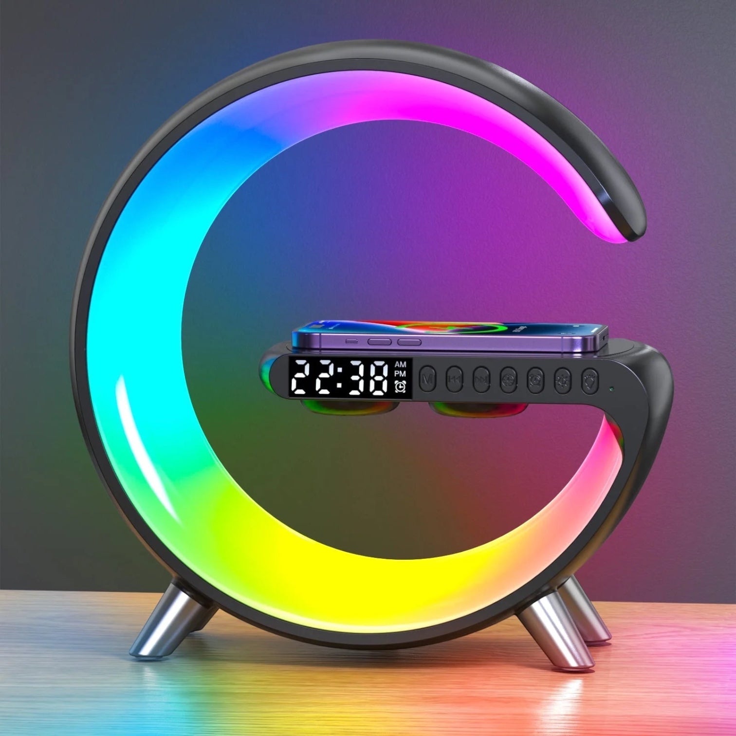 【Ueasy】Small G - Shaped Multifunctional Bluetooth Speaker - 256 Lighting Modes, Alarm, Night Light, Wireless Charge, Call Answer