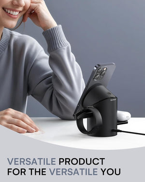 3 in 1 Charging Station for Apple Devices, Mag-Safe Charger Stand, Qi2 15W Auto-Rotating Wireless Charger for Iphone 16/15/14/13/12 Series& Airpods& Iwatch(Black)