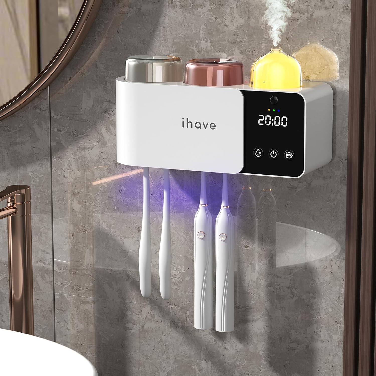 Toothbrush Holders with UV Toothbrush Sanitizer, Aromatherapy Diffuser & IR Night Light - 4-Hour Smart Cruise Disinfection, Auxiliary Combo Drying - Wall-Mounted Bathroom Organizer with 2 Cups