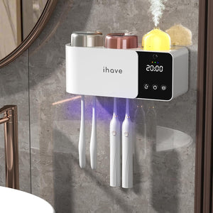 Toothbrush Holders with UV Toothbrush Sanitizer, Aromatherapy Diffuser & IR Night Light - 4-Hour Smart Cruise Disinfection, Auxiliary Combo Drying - Wall-Mounted Bathroom Organizer with 2 Cups