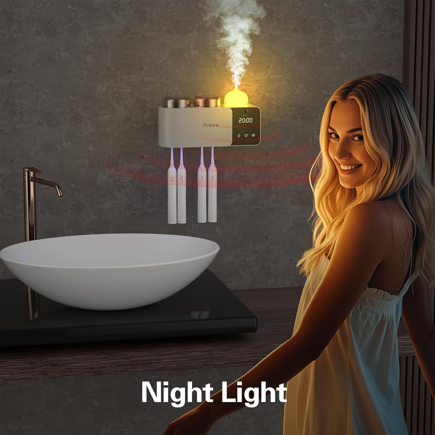 Toothbrush Holders with UV Toothbrush Sanitizer, Aromatherapy Diffuser & IR Night Light - 4-Hour Smart Cruise Disinfection, Auxiliary Combo Drying - Wall-Mounted Bathroom Organizer with 2 Cups