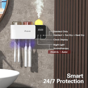 Toothbrush Holders with UV Toothbrush Sanitizer, Aromatherapy Diffuser & IR Night Light - 4-Hour Smart Cruise Disinfection, Auxiliary Combo Drying - Wall-Mounted Bathroom Organizer with 2 Cups